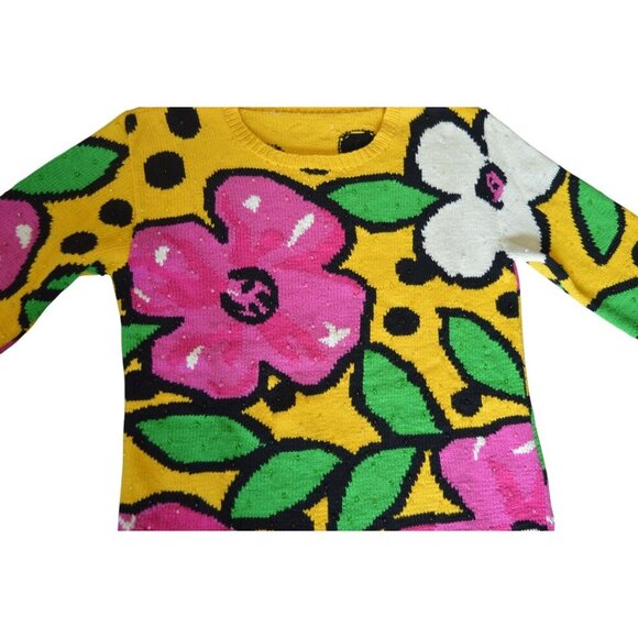 Vintage 90s Bright Bold Funky Knit Flower Sweater Beaded Estimated Womens Medium - Picture 7 of 8